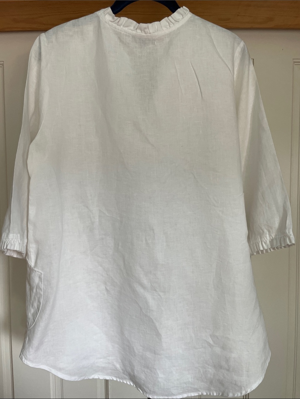 For Cynthia White Linen Ruffle V-Neck Tunic with Patch Pockets Size Medium - Picture 9 of 11
